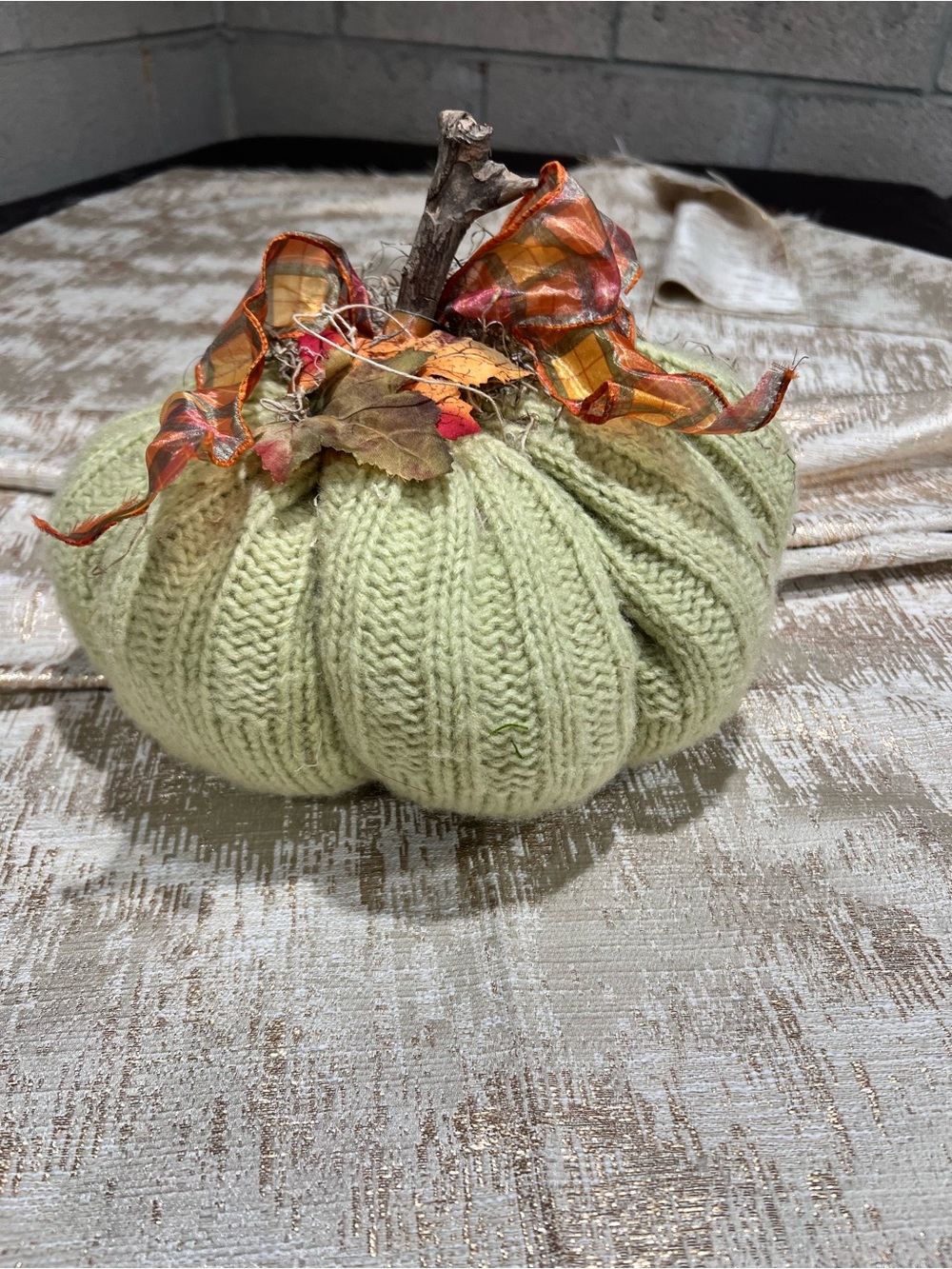 Knitted Pumpkin Decor with Ribbon and Leaves